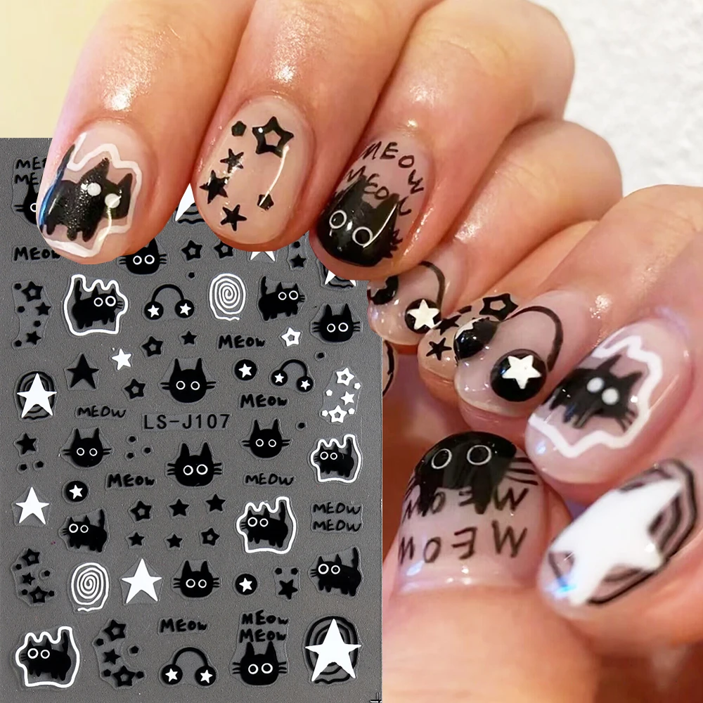 3D Black Cartoon Cute Cat Nail Stickers Cat Stars Letters Nail Sliders Y2K Korean Japanese Nail Art Manicure Decors NLLS-J107