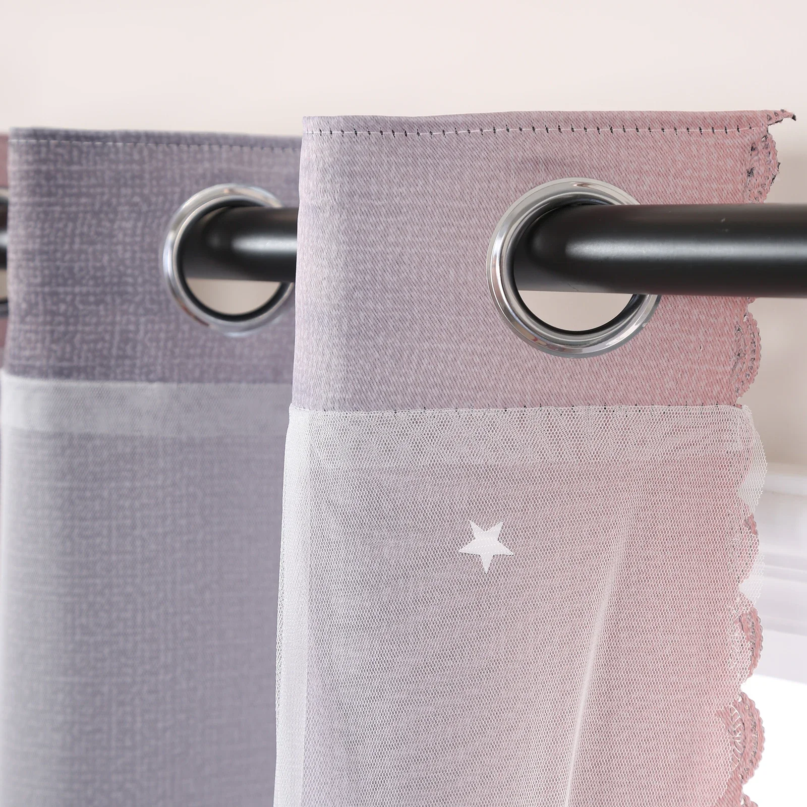 Grey and Pink Gradient Hollow Out Stars Perforated Curtains, Girls Bedroom Living Room Semi-Blackout Decorative Curtains