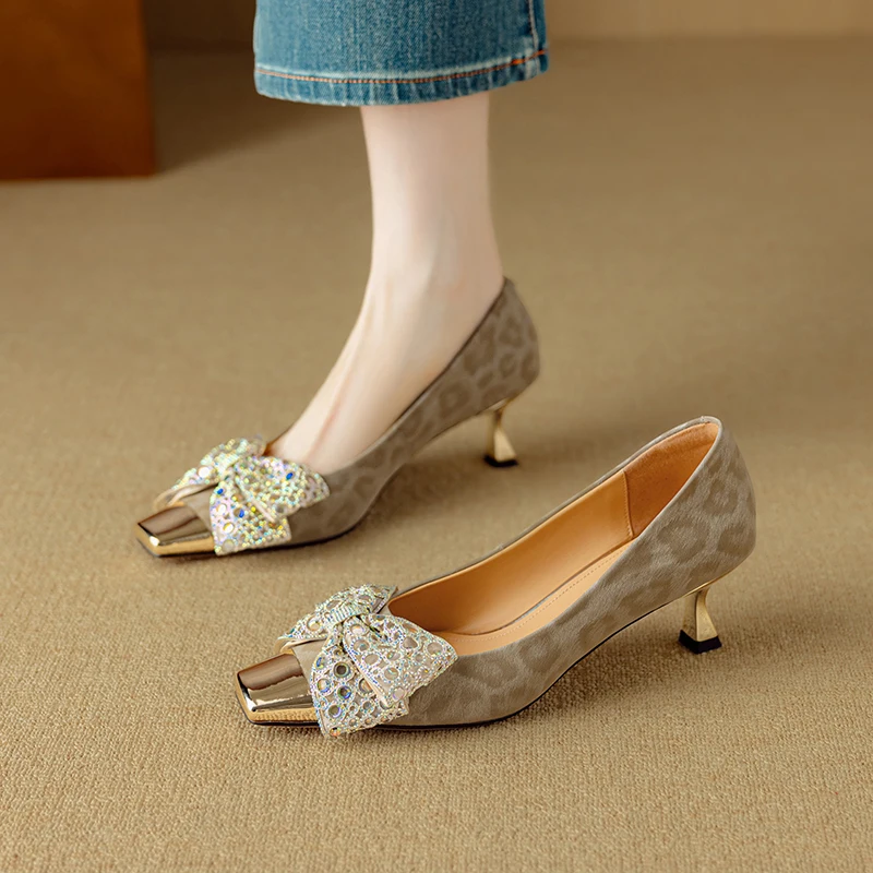 

Genuine Leather Stiletto Pumps Square Toe Rhinestone Shallow Cut Elegant Versatile Office Dressy Shoes for Women