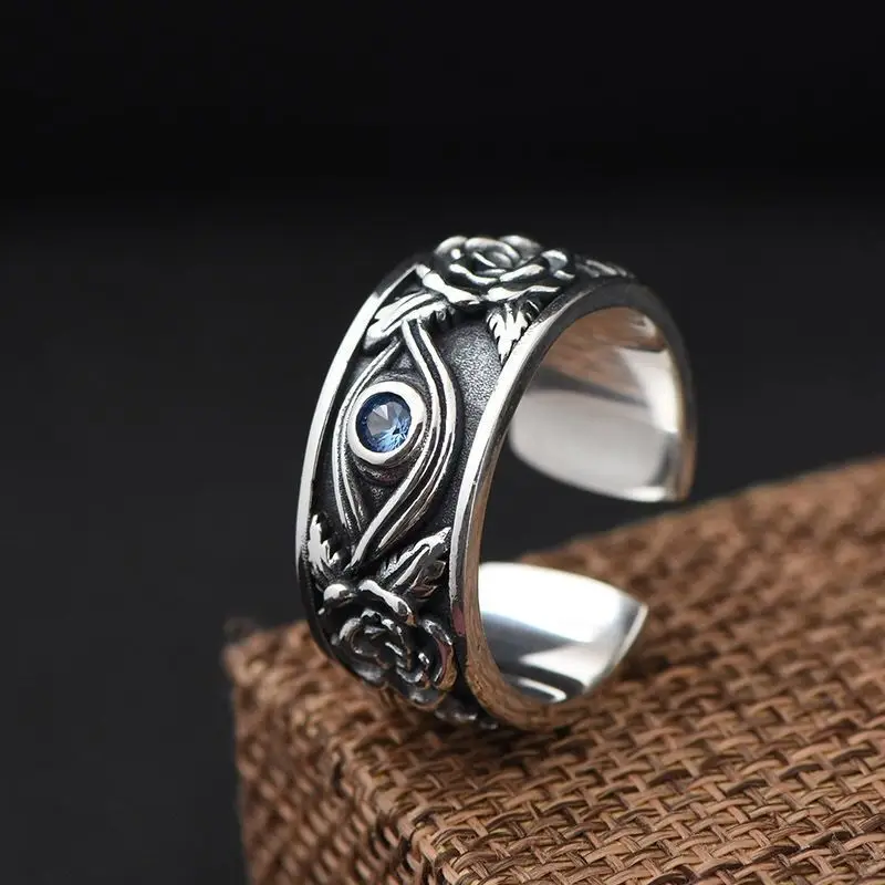 Retro Blue Horus Eye Rose Ring For Men Silver Color Punk Gothic Adjustable Ring Handmade Unisex Jewelry Accessories Lovers Gift