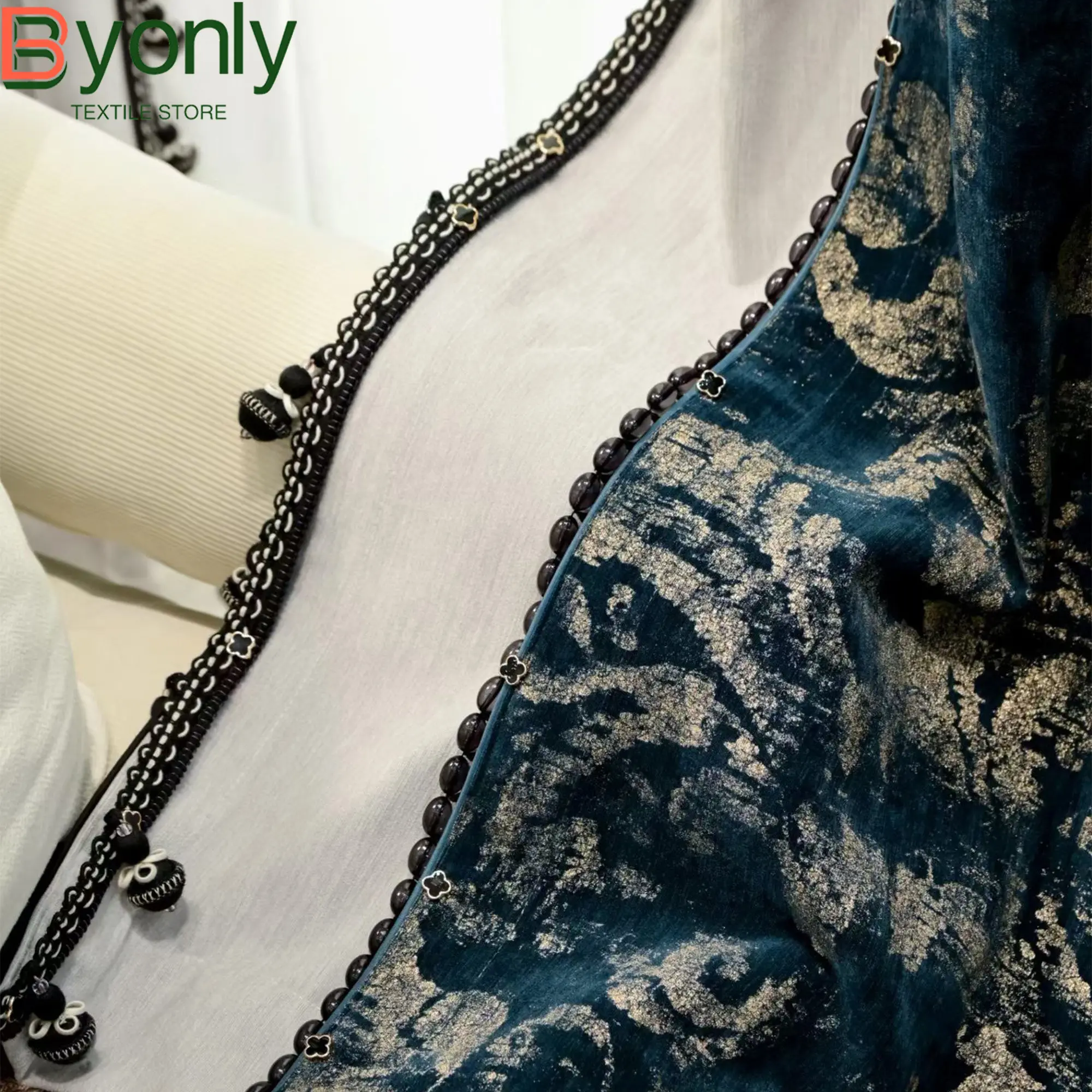 New Vintage American Flannelette Blue Jacquard Thickened Curtains for Living Room Bedroom French Window Villa Customized Valance