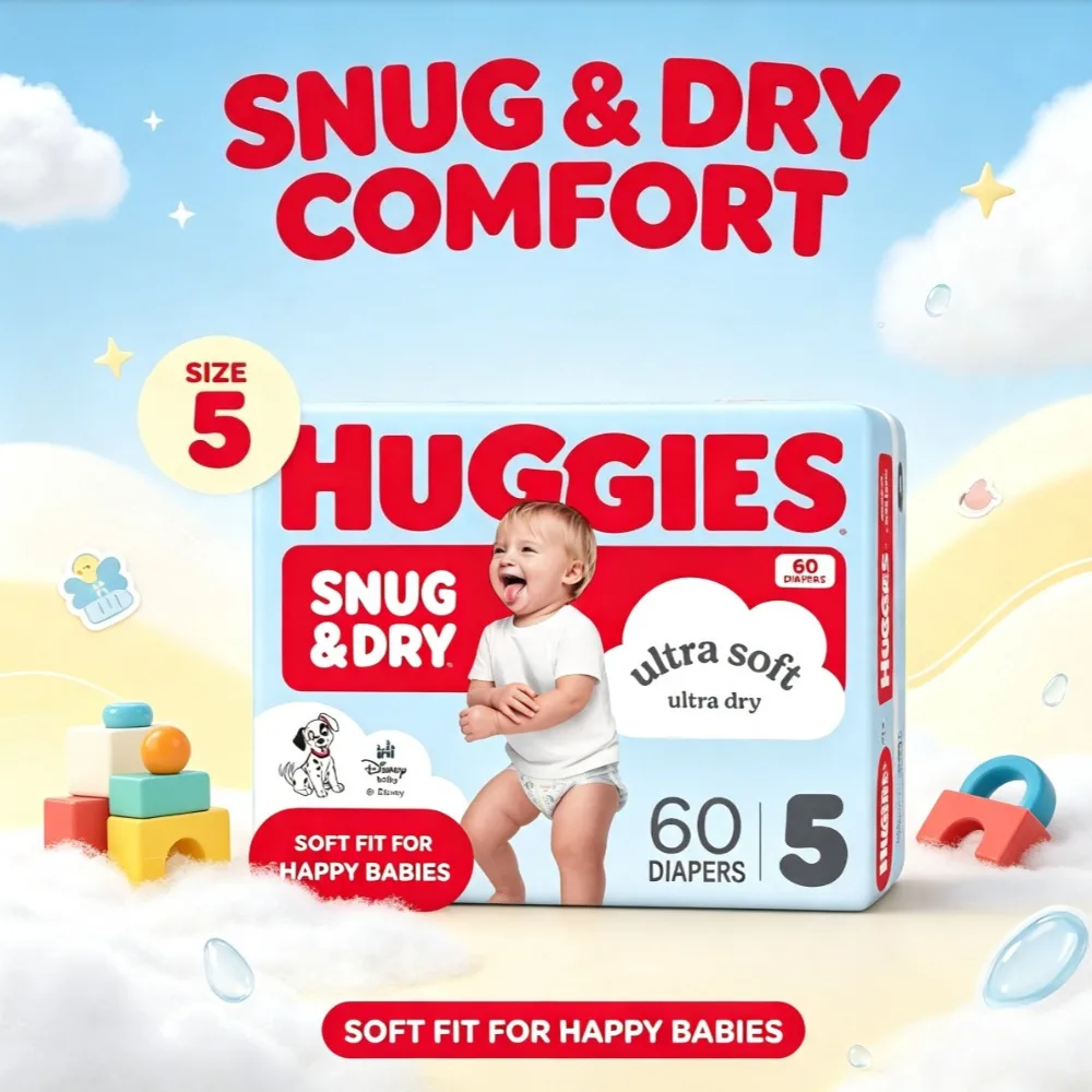 Huggies Snug & Dry Size 5 Diapers for 25-37 lbs Babies 60 Count Leakproof Comfort Disposable Infant Daily Care Nappies