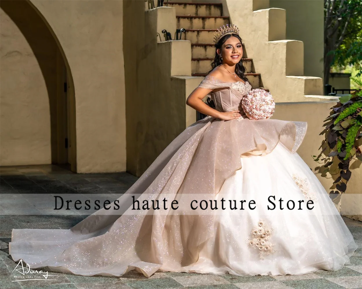 Robes de Quinceanera en tulle champagne princesse, appliques en dentelle à épaules dénudées, robe perlée Sweet 16, 2023