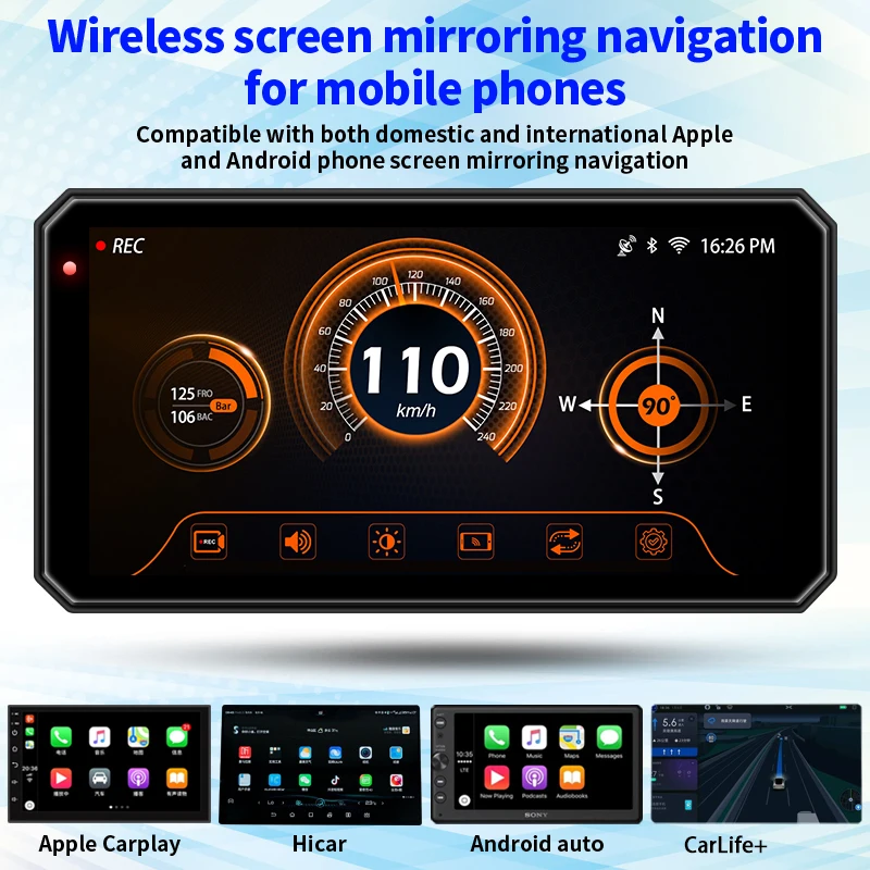 Latest Portable Touch Screen Motorcycle   with Wireless IOS CarPlay & Android Auto TPMS GPS Navigator Recording Function