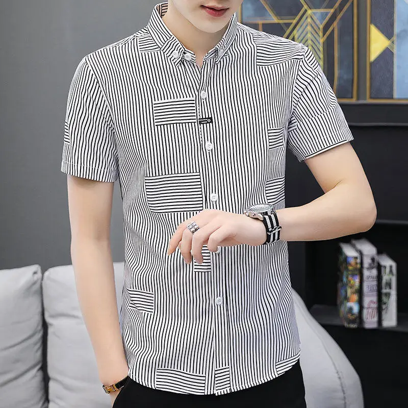 2024new Summer Fashion Korean Stripe Print Fashion Brand Short Sleeve Flip Collar Business Slim Fit Men\'s Professional Shirt