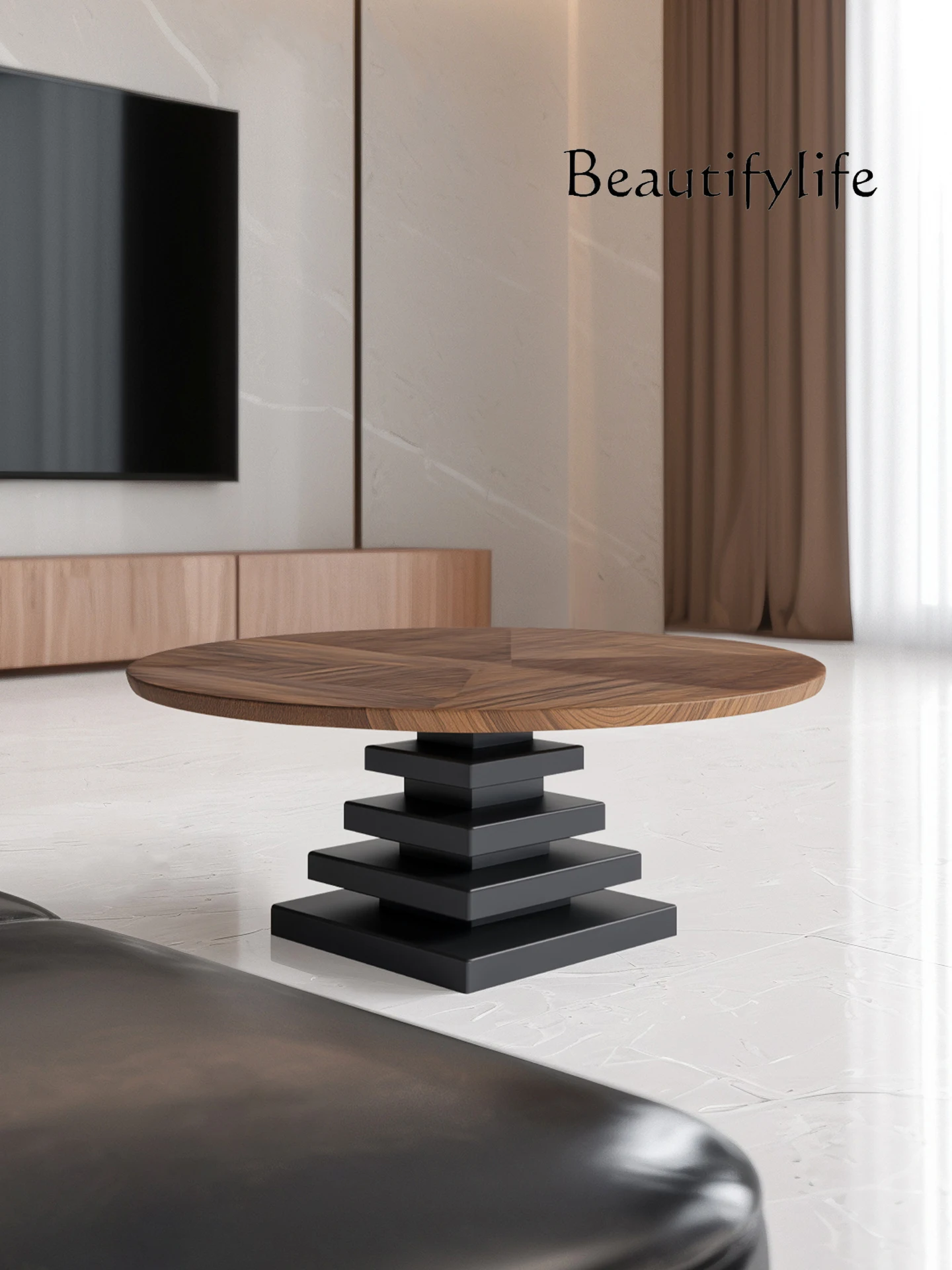 Designer artistic creative round solid wood coffee table Italian minimalist high-end living room home personalized tea table