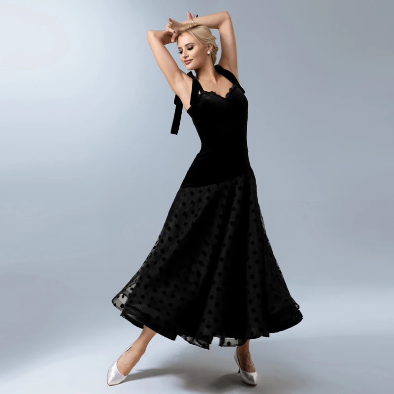 Fashion Women Waltz Ballroom Dance Competition Dresses Black Velvet Latin Dance Professional Dress Stage Performance Wear SL9390