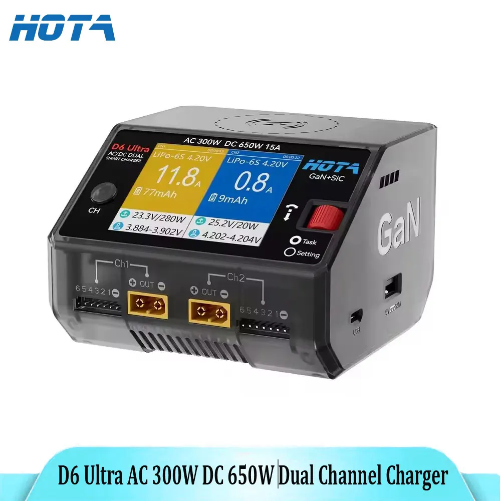 HOTA D6 Ultra AC 300W GaN+SiC DC 650W ‌Dual Channel Charger FPV Charging For 1-6S Lipo LiHV/NiZn/Nicd/NiMH Battery Drones XT60