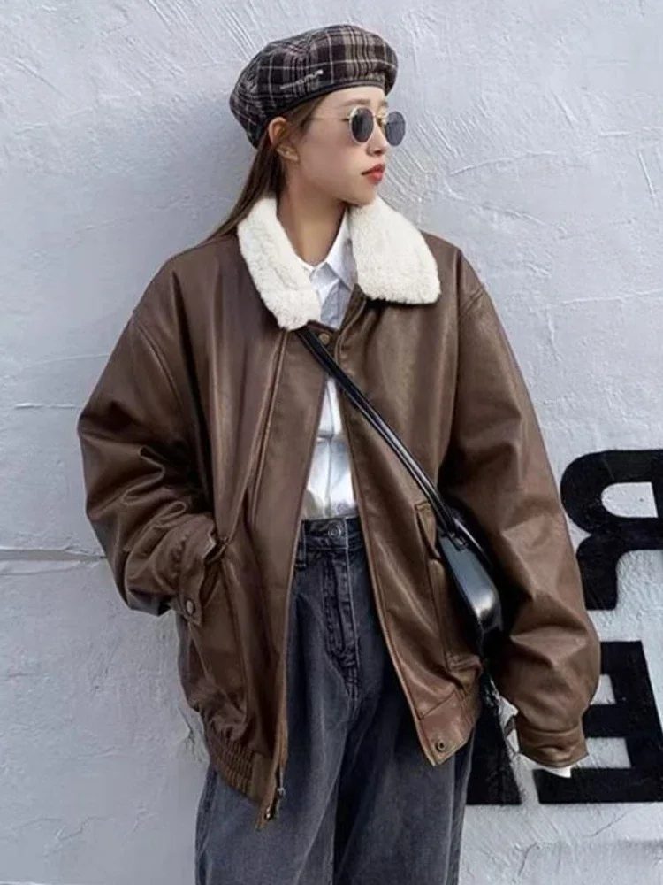 Winter New Warm Women\'s Leather Jacket with A Suede Collar Fashionable Loose Fitting Long Sleeved Street PU Leather Parka Coat