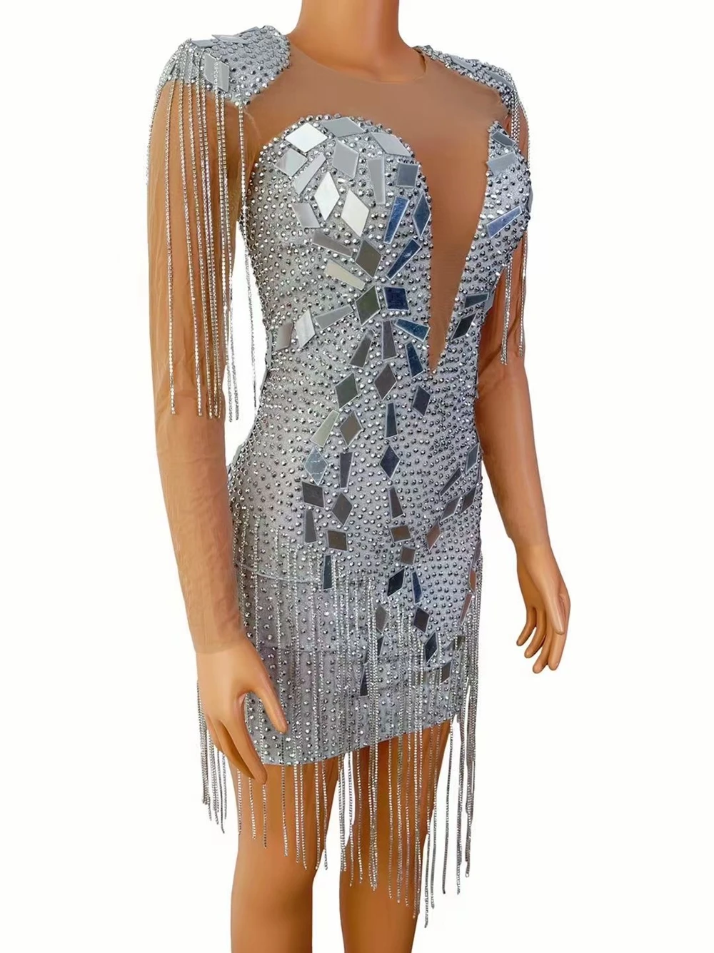 Glänzende Silber Spiegel Rhinestoness Ketten Mesh Kleid Sehen Durch Geburtstag Party Feiern Fransen Kostüm Zeigen Nachtclub Outfit