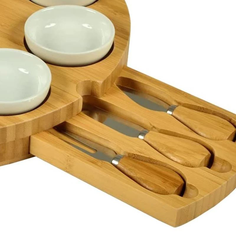 Portable Rotating Open Round Wooden Bamboo Chopping Board  With 4 Ceramic Bowl and 3 Knives Cheese Board Set
