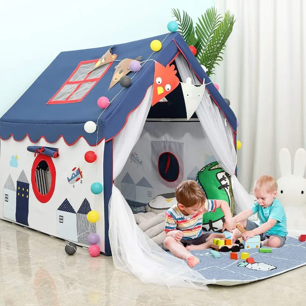 

Playhouse，Kids Tents Indoor Playhouses Boys 9.9Ft Star String Lights Blue Tent For Upgraded Large And Longer Curtain50.4X 47.3"