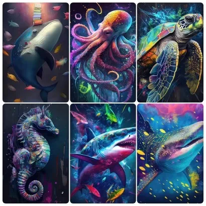 5D DIY Rainbow Splash Marine Animal Diamond Painting, Whale Octopus Turtle Shark Combination Home Wall Decor