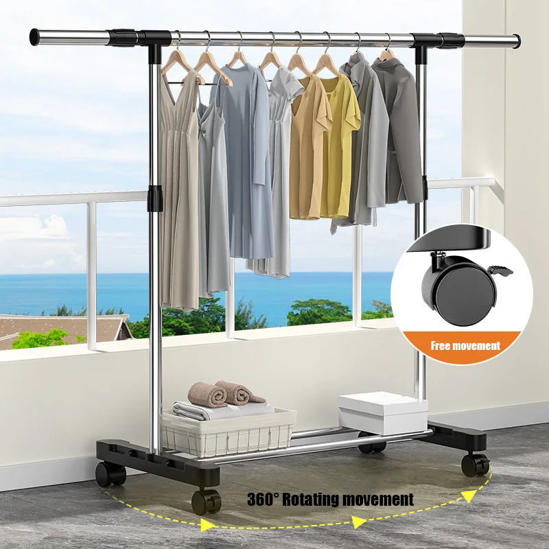 Tainless Steel Floor Drying Rack Double Pole Lifting Clothes Hanger Telescopic Mobile Hanging Clothes Rack Bedroom Coat Rack