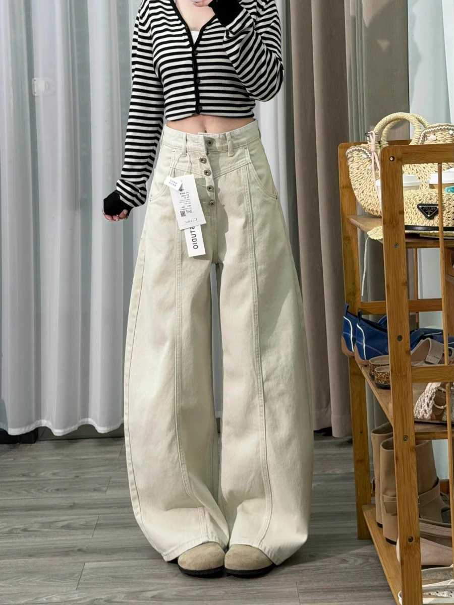 High Waist Wide Leg Grey White Knife  Single Button Women's Jeans Casual Floor Length Pants Spring New Style Design Sense