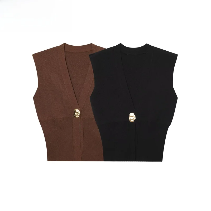 

ZBZR Spring New Women's Punk Faion Gold Embellied Svel Knitted Top Slim Fit V-ne Polyester Fiber Regular Length