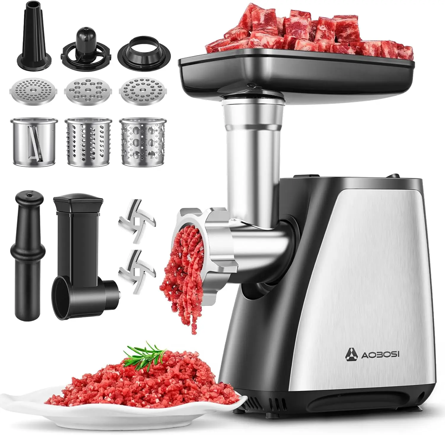 Meat Grinder, 4-In-1 Meat Grinder Electric [2800W Max] with 3 Slice, Shred Blades,2 Blades,3 Plates,Sausage Stuffer,Kubbe Kit