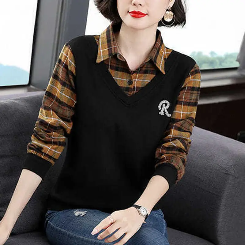 Autumn Winter Fashion patchwork fake two pieces Ladies All-match Plaid Turn-down Collar Long sleeve Polo Shirts women clothing