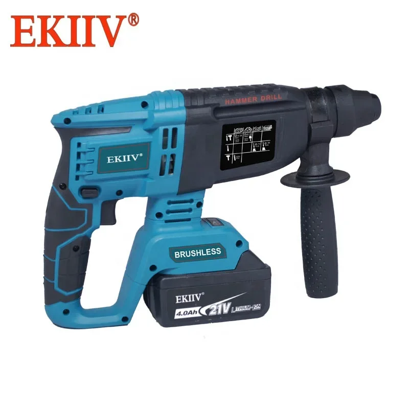 EKIIV high quality 21V 18V 4.0Ah  5.0ah cordless electric impact hammer drill tool set power tools drill for Concrete wall