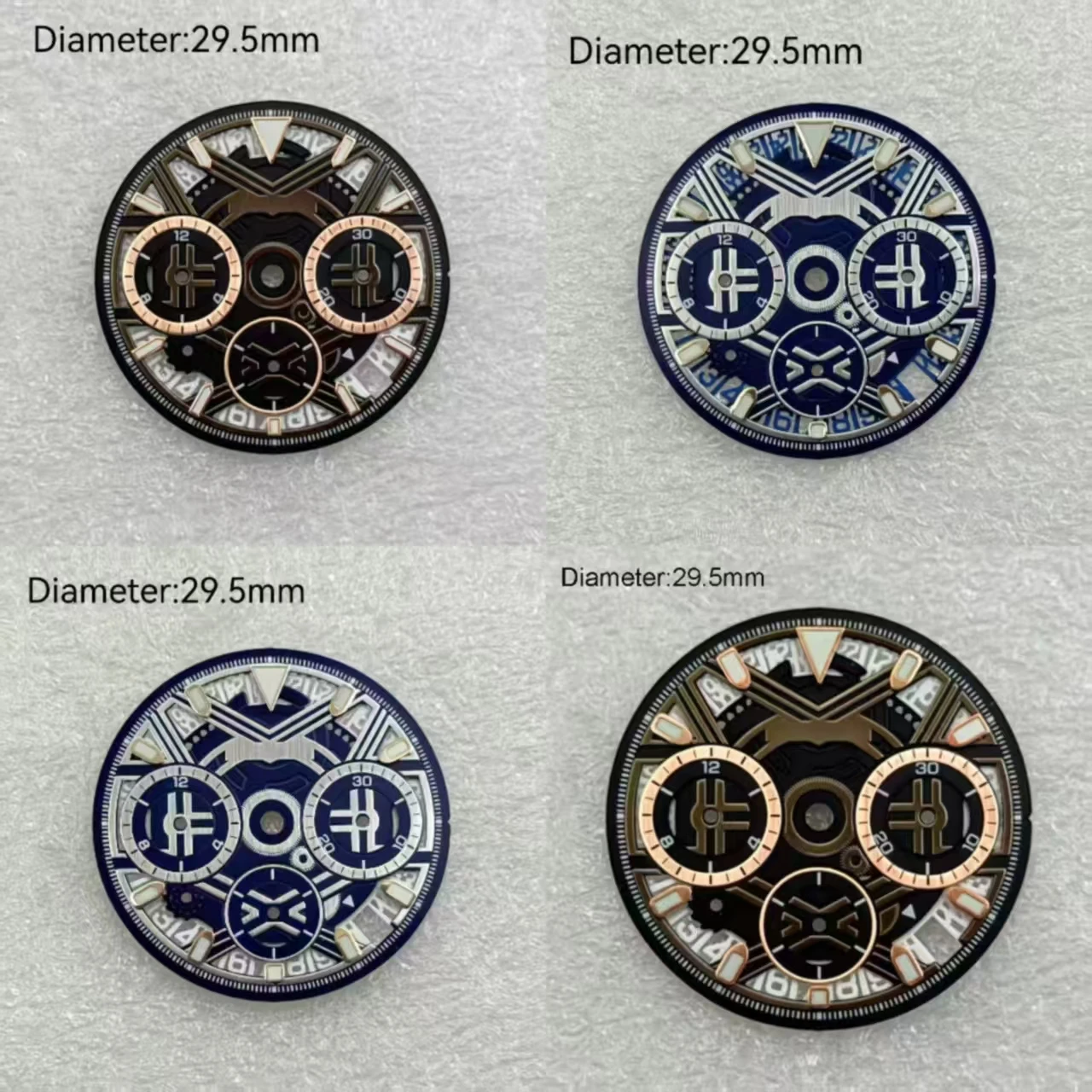 NO LOGO 29.5mm VK63 Dial Blue Black Rose Gold Cyberpunk Skeleton Dial For VK63 Quartz Movement Industrial Geometric watch parts