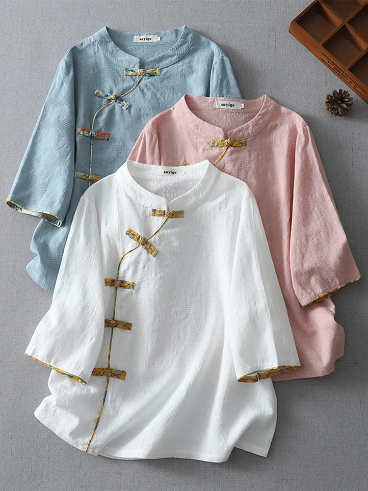 

New Chinese Sle Cotton Linen irt Women's Zen Tea Costume Five-Quarter Tang Suit Stand Collar Traditional Embroidery Top