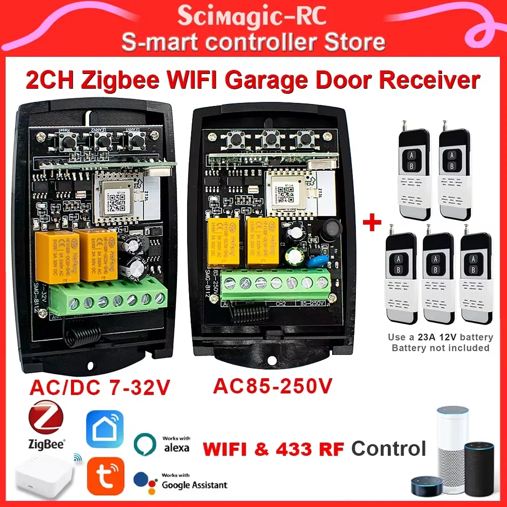 Tuya Smart ZigBee Garage Door Opener Remote Control 2CH 433/433.92Mhz Receiver 12V 24V 220V Relay Module Needed ZigBee Gateway