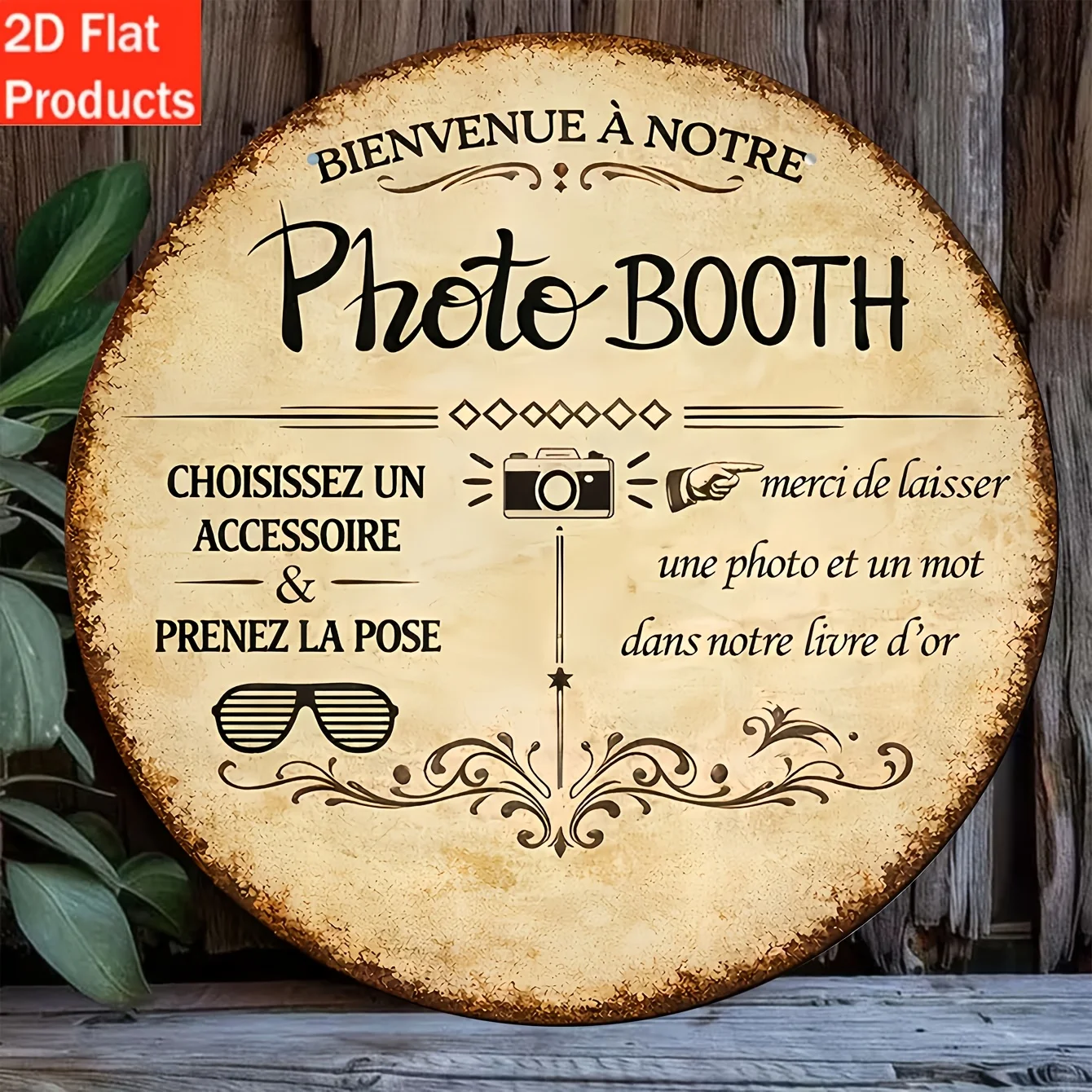 2D Flat, 2D Flat Decorative Sign & Plaque, 1pc Wooden Round Photo Booth Sign - Vintage French-Style/British-Style Wall Decor Pla