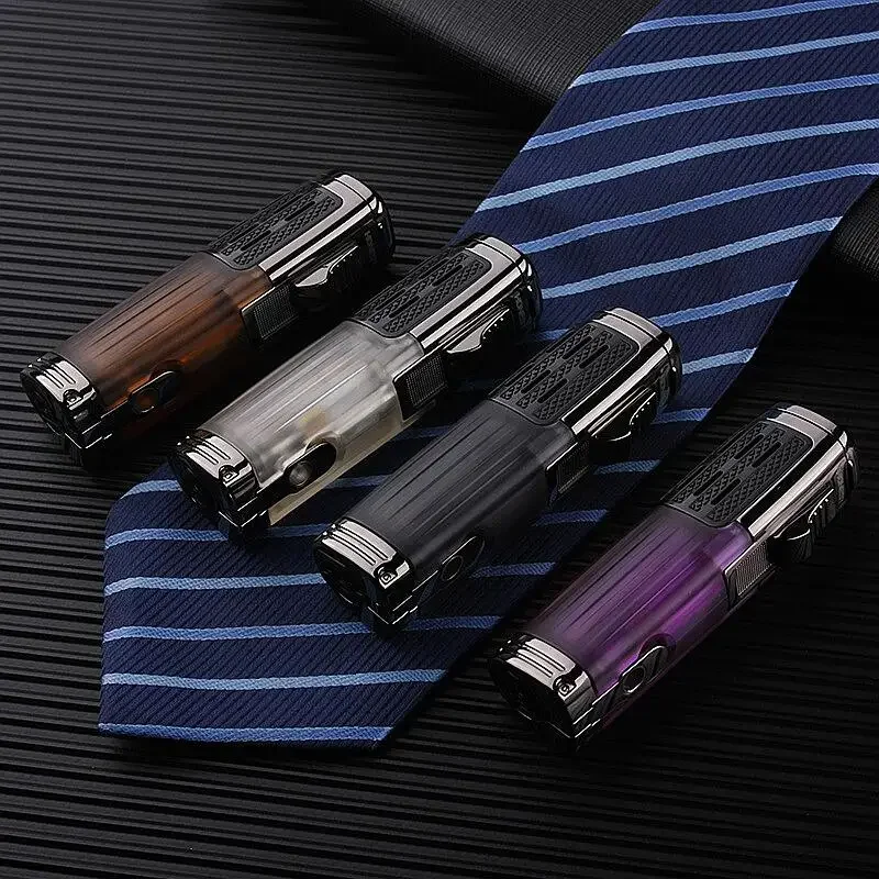 HONEST New Metal Transparent Three Flame Turbo Direct Charge Blue Fire Windproof Cigar Inflatable Lighter Accessories Tool Gift