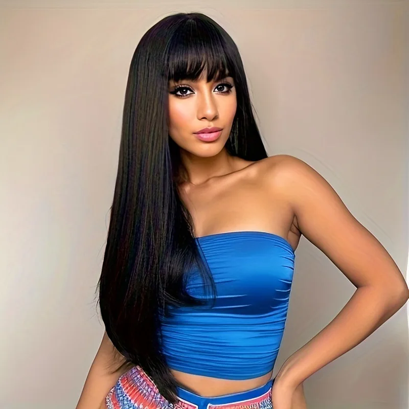 Peruka syntetyczna dla czarnoskórych kobiet z prostą grzywką, długa peruka codzienna/peruka do cosplay, wykonana z włókna wysokotemperaturowego, pełne zakrycie głowy.