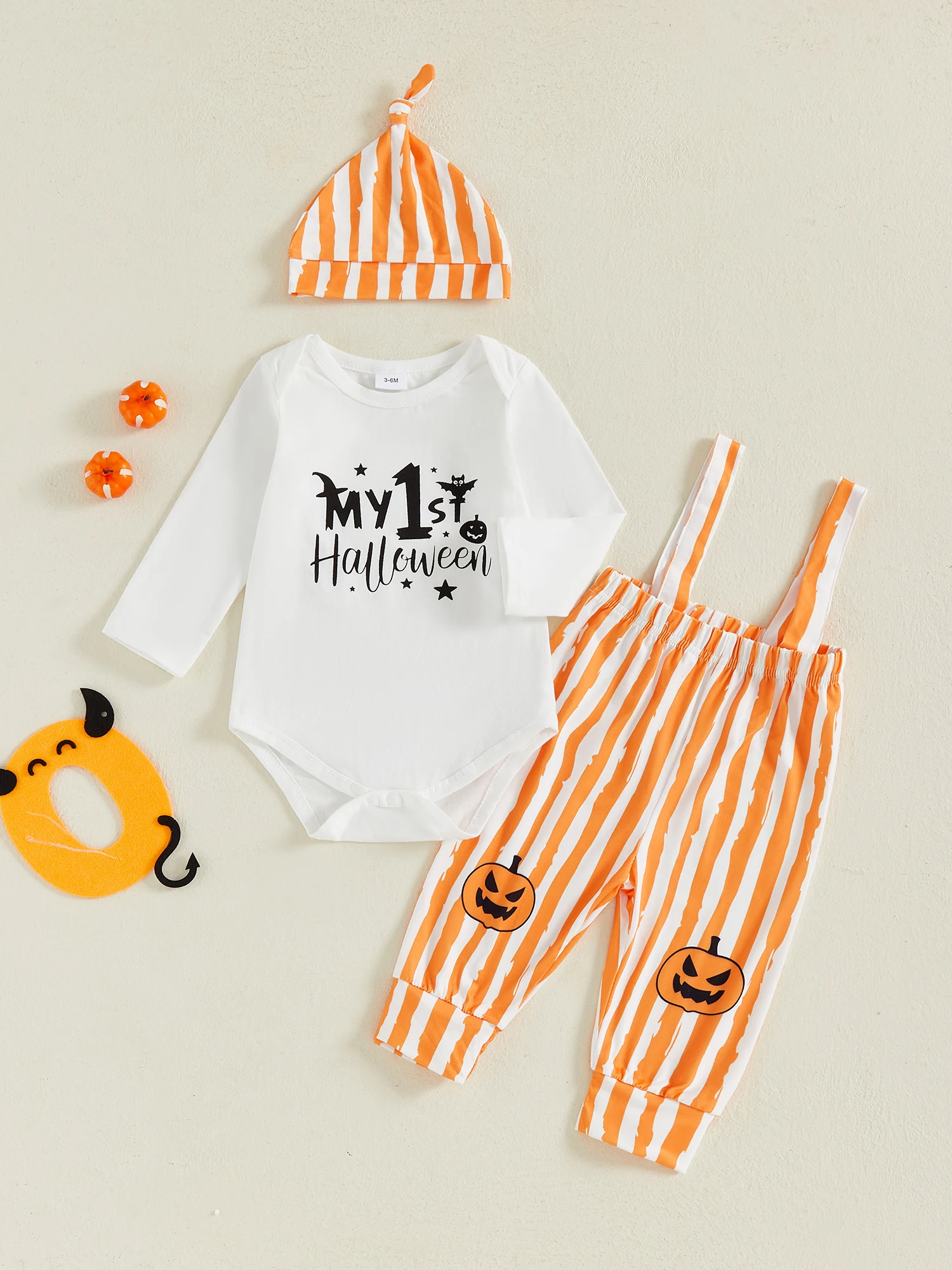 

Infant Boy Halloween 3-Piece Outfit with Long Sleeve Letter Pumpkin Print Bodysuit Suspender Pants and Hat