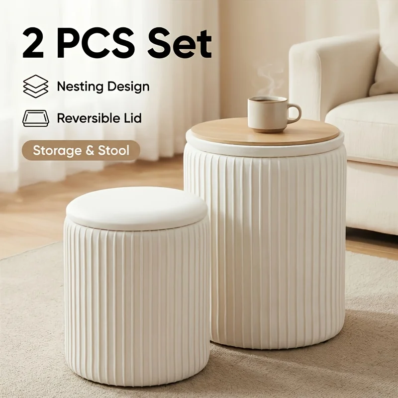 

Set Of 2 Round Storage Ottomans with Lids - Upholstered Vanity Stools, Hidden Storage Benches for Living Room, Sturdy Coffee Tab