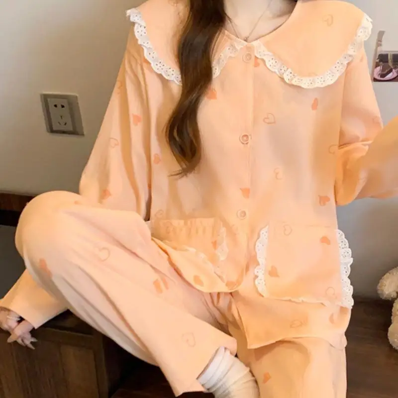 Women's Doll Collar Long Sleeved Long Pants Home Suit Women's Style Korean Spring Autumn New Pajamas Youth Lazy Two Piece Set
