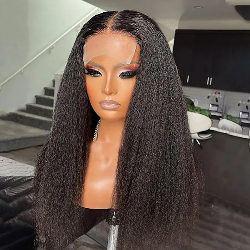 Glueless Long 26 inch Soft Black Yaki Lace Front Wig For Women Natural Hairline Kinky Straight Wig With Baby Hair