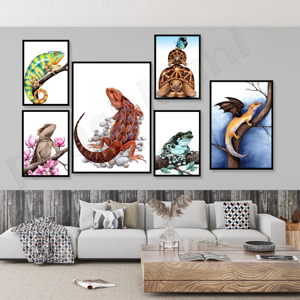 Yellow Lizard Print, Snake Reptile Posters, Lizard Wall Art, Reptile Painting, Iguana Wall Decor, Tortoise And Butterfly Canvas