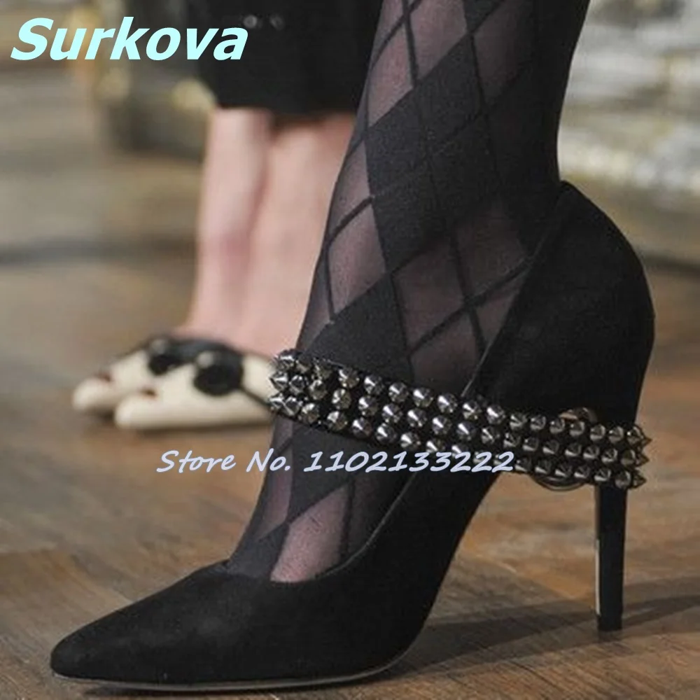 

Rivet Strap Suede Pumps Pointy Toe Thin High Heels Buckle Shallow Shoes Hottest Fashion Sexy Women Shoes Unique Design Stilettos