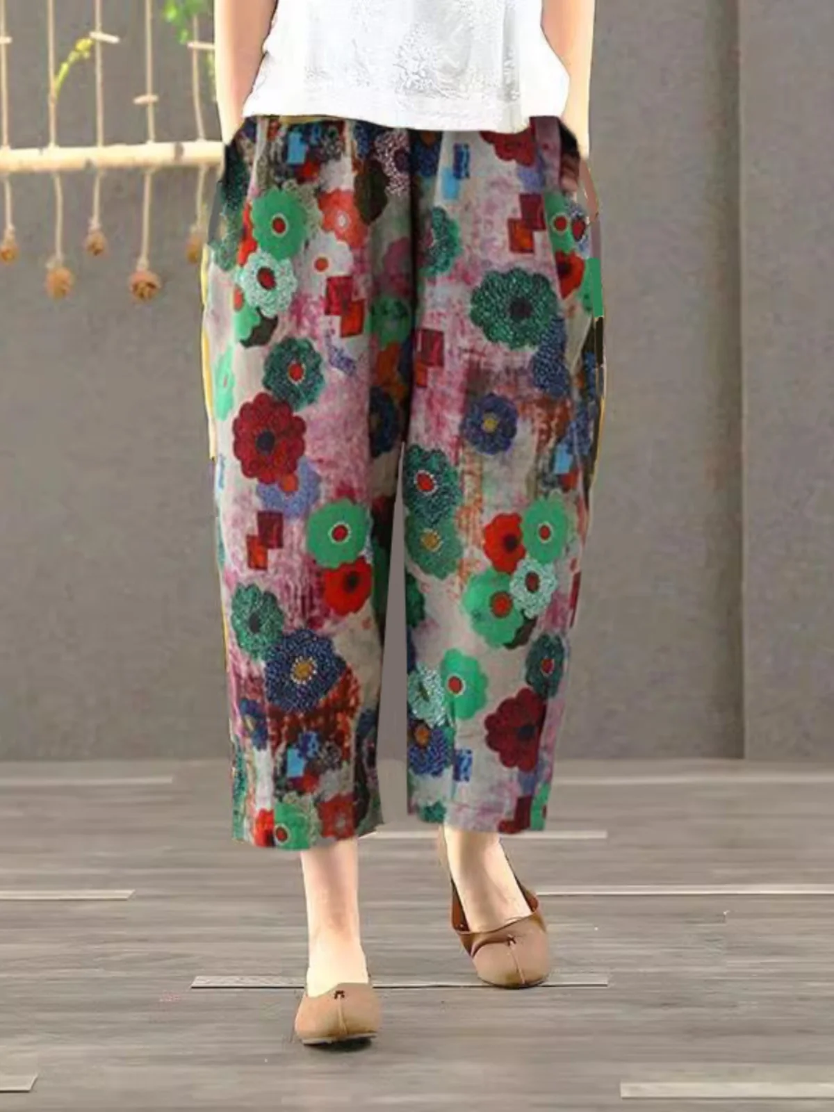 

Модные женские свободные брюки-шаровары из хлопка и льна с цветочным принтом, укороченные, повседневные, тонкие, с высокой талией, оригинальный стиль, летняя новинка