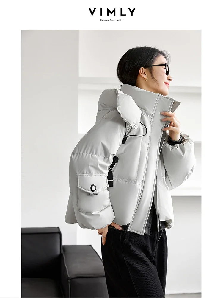 VIMLY, ropa de calle para mujer, Chaqueta corta de plumón de pato blanco grueso y cálido para invierno, Parkas de nieve con capucha informales