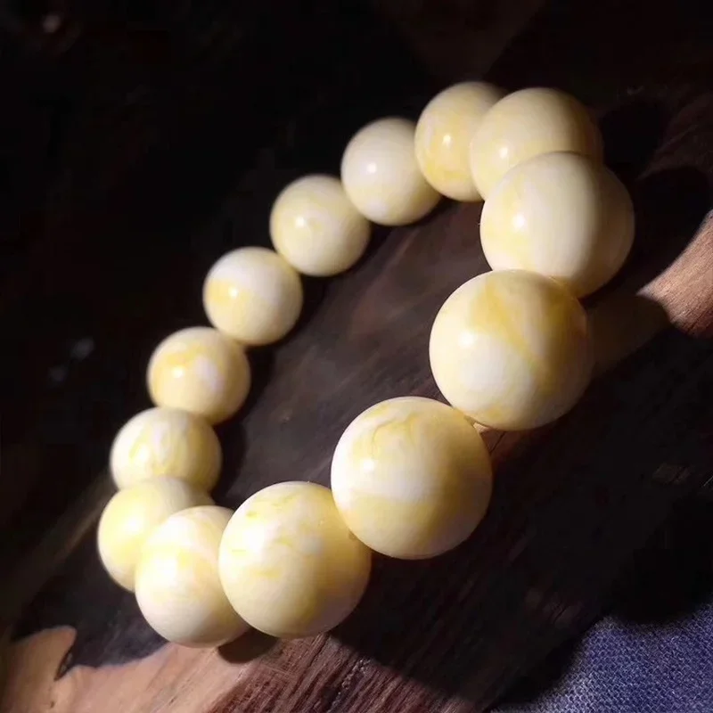 Natural Amber Old Round Beads Bracelet Amber Beeswax White Flower Honey Bracelet Women Amber Buddha Bead Bracelet Men's Bracelet