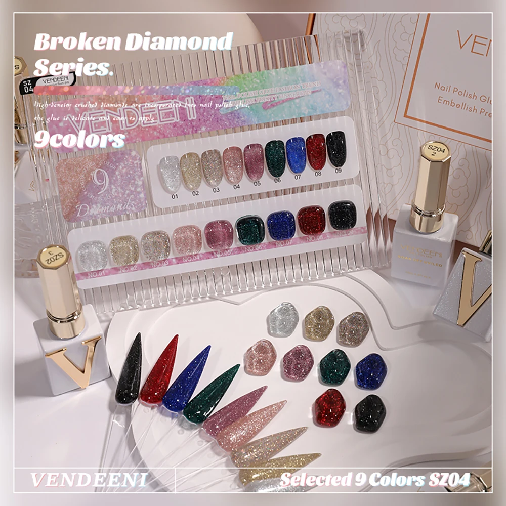 Vendeeni 9 Farben/Set Glitzer-Broken-Diamond-Gel-Nagellack TPO FREE Schwarz Gold Silber Flash UV LED Gel-Lack mit Display – Detail 8