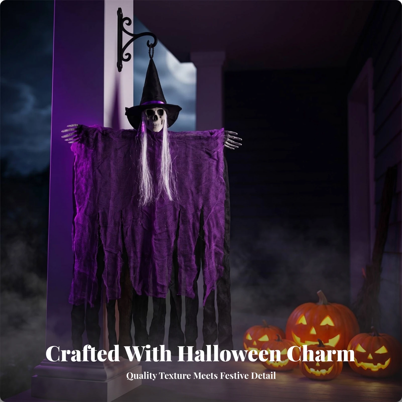 

Hanging Witch Skeleton Decoration Pointed Hat Tattered Witch Wall Hanging Violet Band Indoor and Outdoor Use