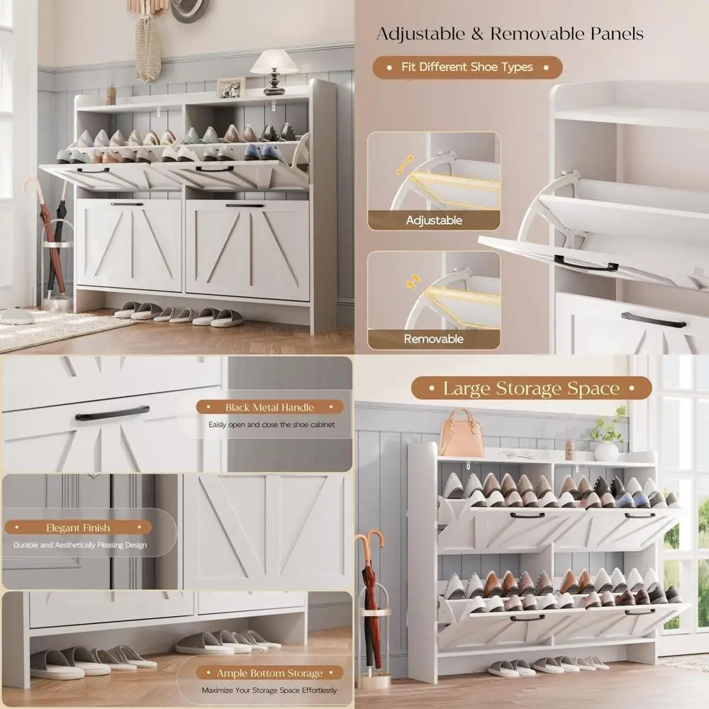 خزانة تخزين الأحذية ذات 4 أدراج قائمة بذاتها، منظم نحيف بأرجل خشبية للمدخل، أبيض #1