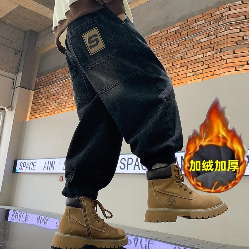 الكورية المألوف الصبي المتكاملة المخملية S كلمة الجينز شتاء دافئ سميكة الصبي الجينز الأطفال السراويل واسعة الساق طفل السراويل