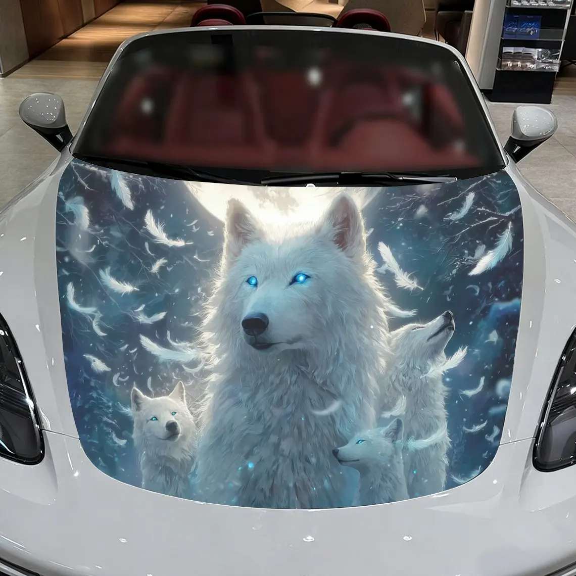 ملصقات غطاء السيارة ذات العيون الزرقاء على شكل قمر ليلي وولف أبيض، ملفوفة في ملصقات الفينيل الملونة، مناسبة لجميع السيارات، غطاء محرك السيارة المزخرف Pa #3