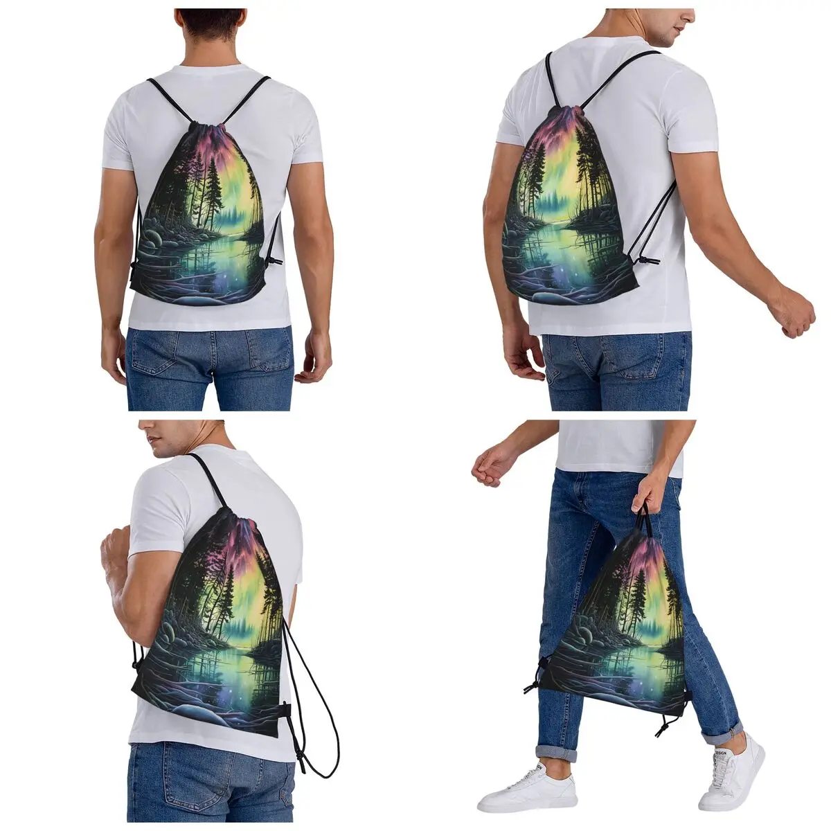 Forest By The River Forest Landscape Northern Lights Backpacks Fashion Drawstring Bundle Pocket Storage Bag Book Bags Students