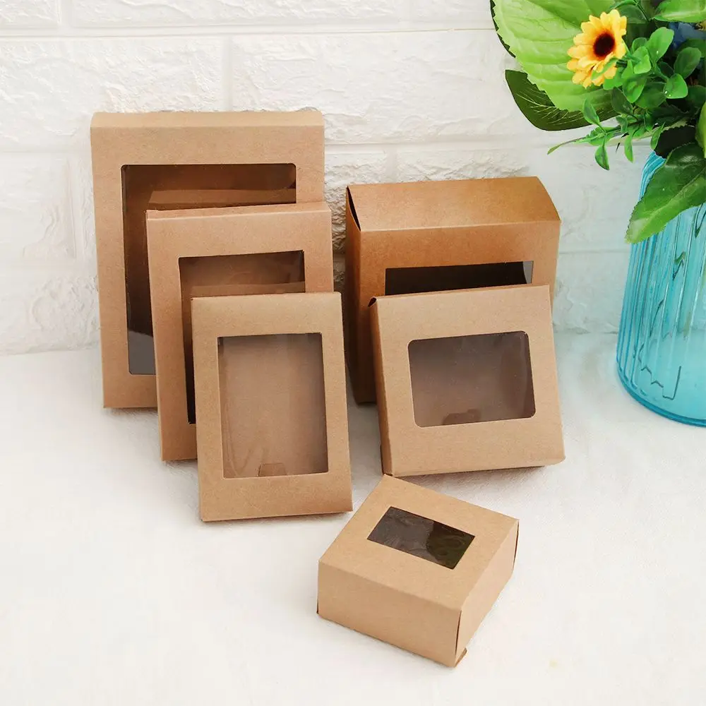 10Pcs DIY Kraft Paper Gift Box Cake Package with Clear PVC Window Candy Wrapping Bag Wedding Birthday Party Favors Package Box