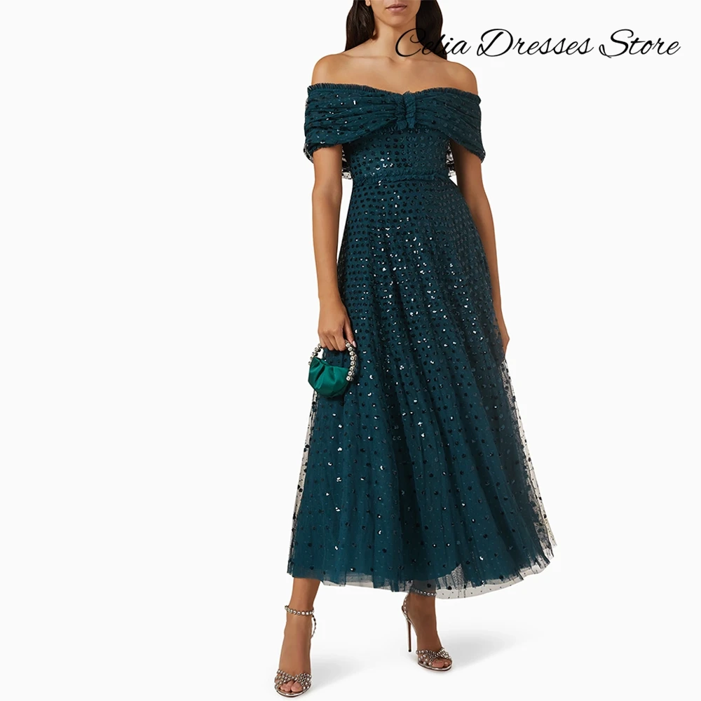 Abito da sera in tulle con paillettes scintillanti Abiti da cerimonia moderni personalizzati con spalle scoperte Abiti da festa formali con cerniera sul retro