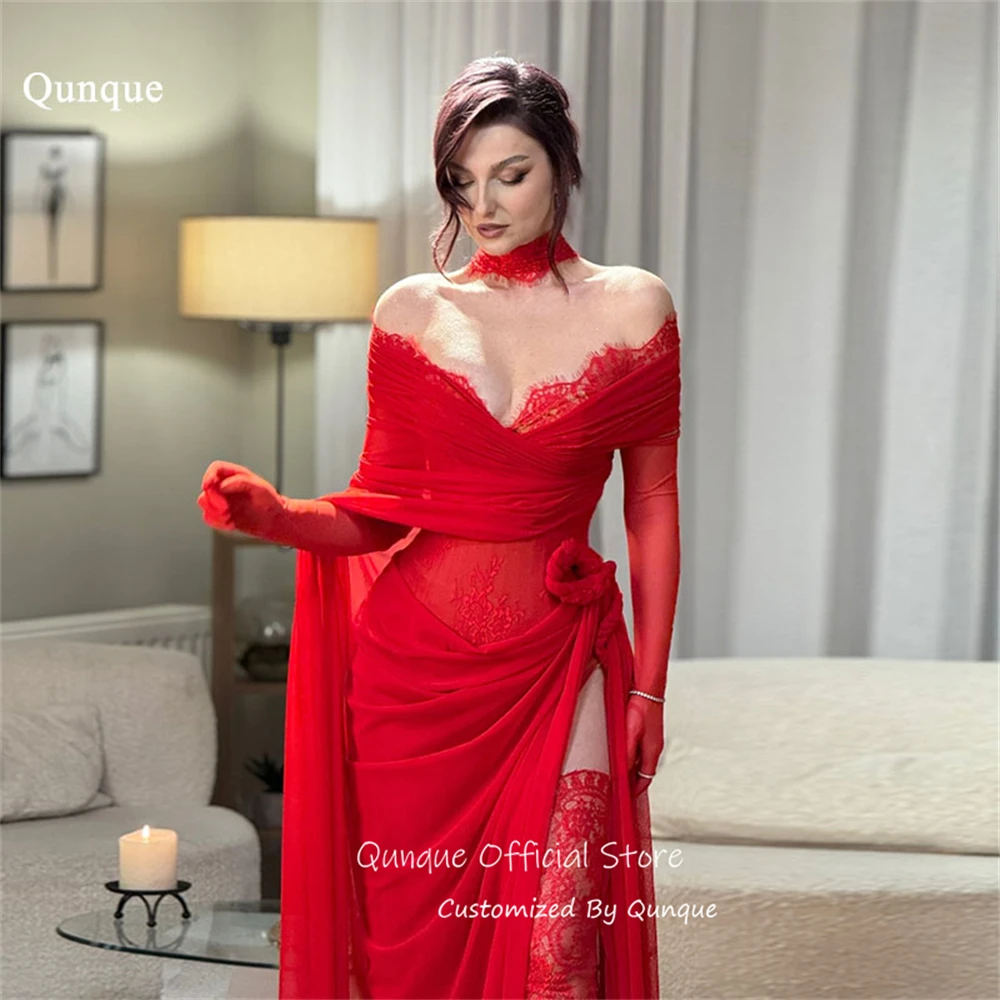 

Qunque Ruched Waist High Slit Evening Dresses Sweetheart Red Lace Dresses For Women Off Shoulder Vestidos De Gala Customized