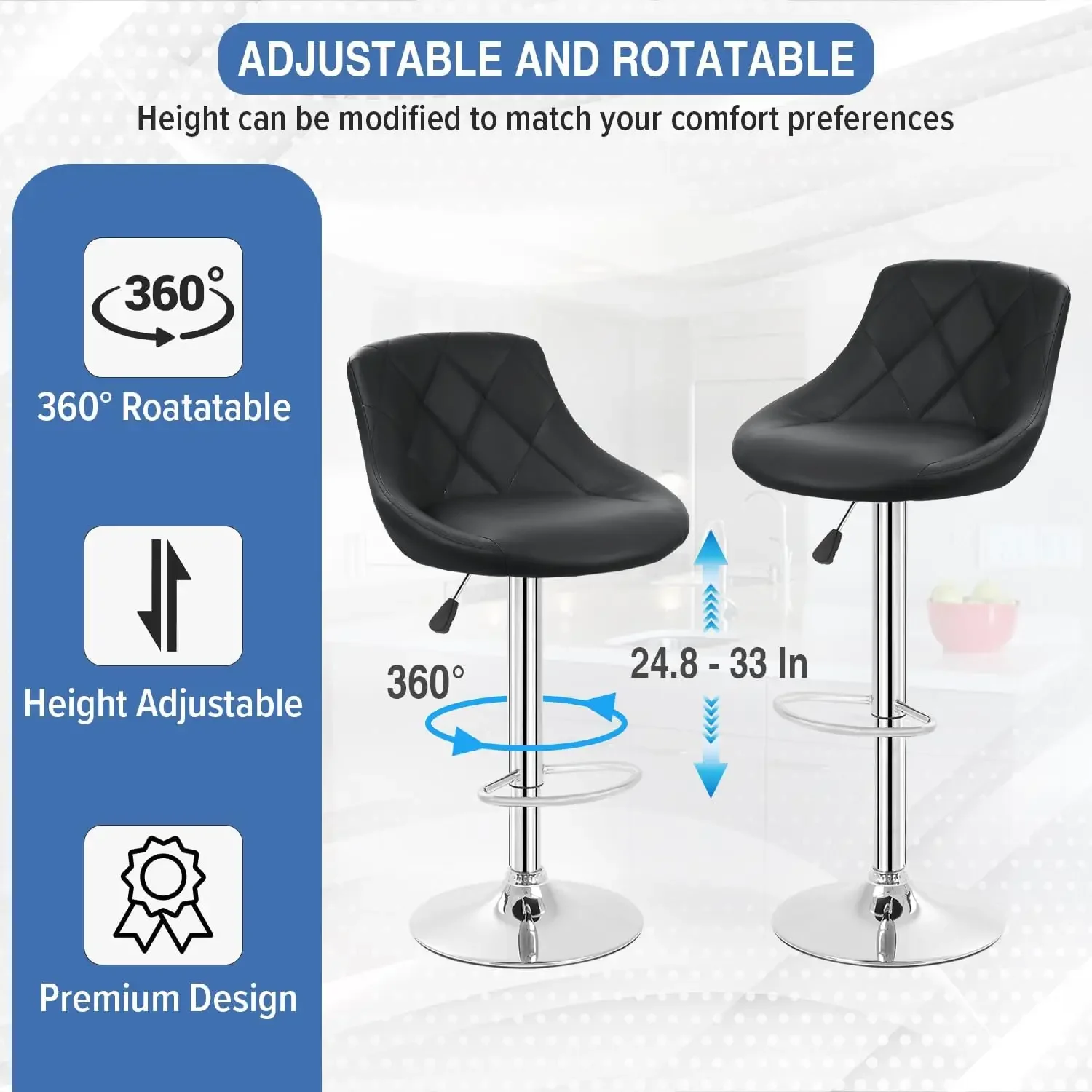 مقاعد بار سوداء قابلة للتعديل مع مسند ظهر، طقم مكون من قطعتين لطاولة المطبخ، كراسي طعام مريحة للمنزل والمقهى الحديث. #3