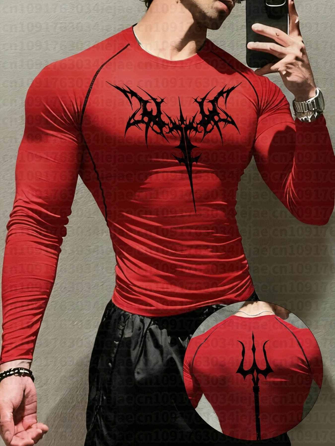 Herren-Langarmshirt mit dunklem abstraktem totemischem Gothic-Stil, Dreizack-Symbol und symmetrischem Dornenmuster. – Detail 7