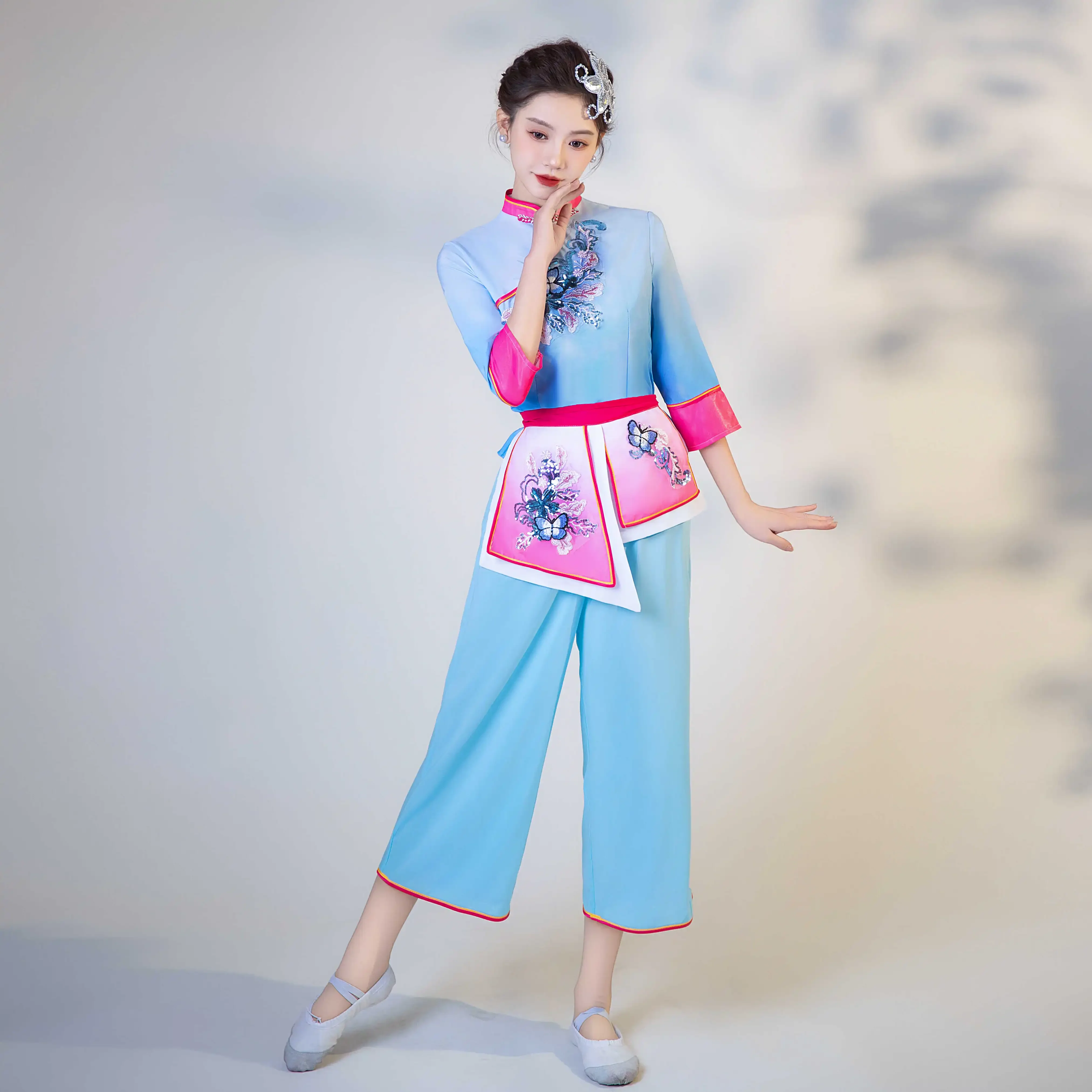 New adult harvest festival costume bamboo hat dance costume Ethnic dance village maid tea dance costume